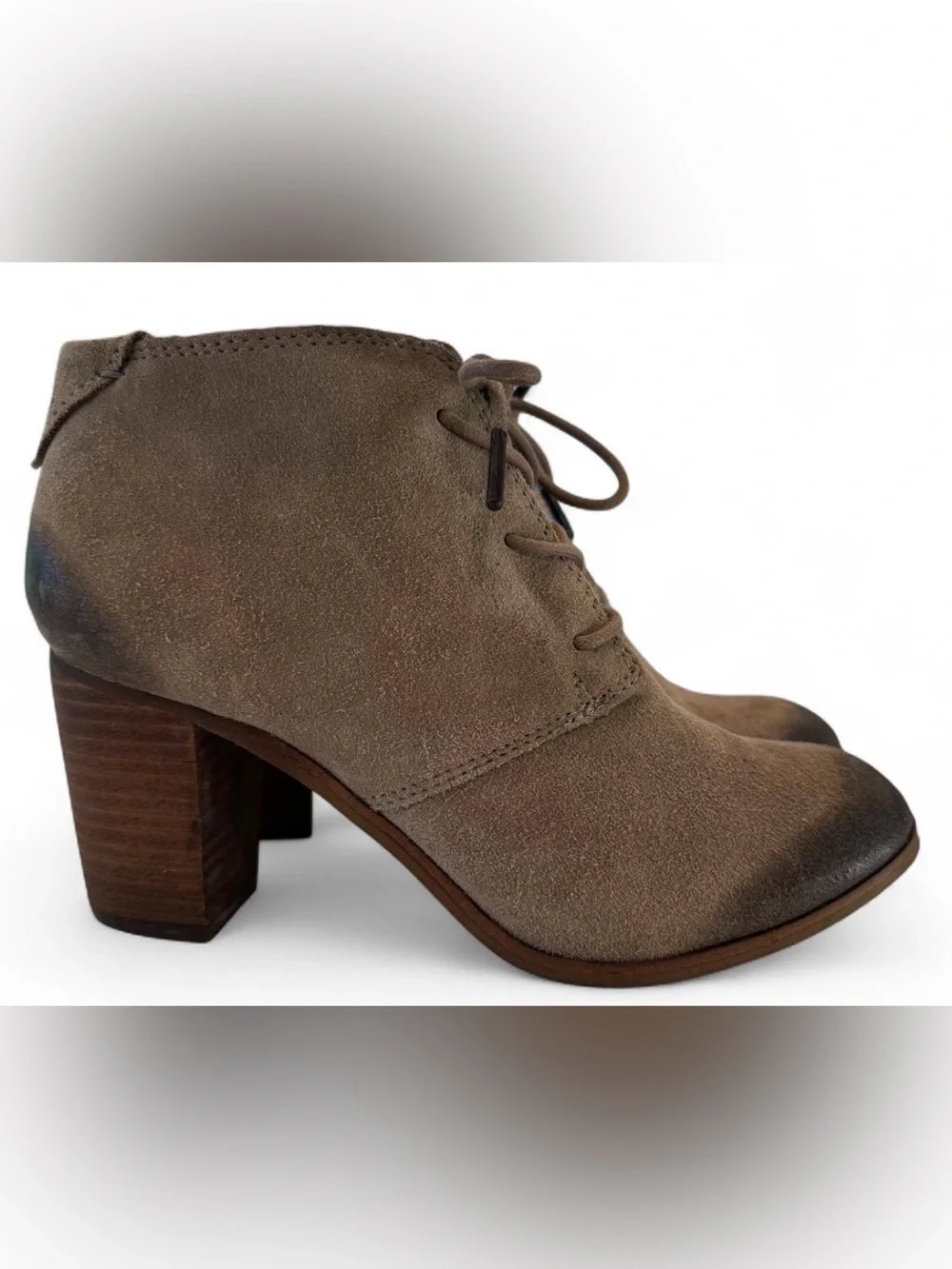 TOMS Lunata Taupe Suede Lace Up Block Heel Booties Size 7
